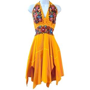 Handmade Vintage Floral Embroidered Halter Neck Yellow Dress Asymmetric Hem M